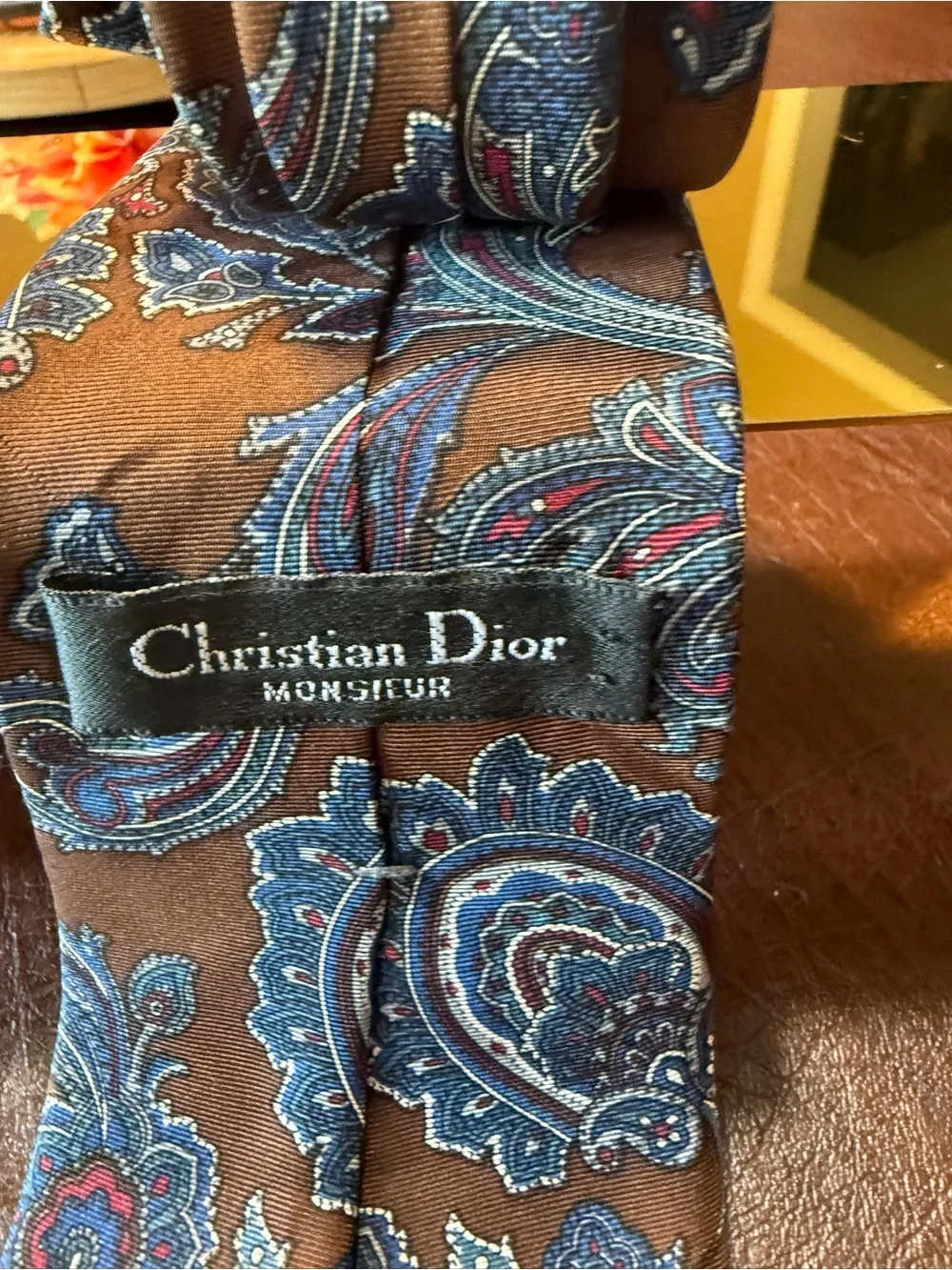 Vintage 90’s Christian Dior Monsieur Men’s Brown Blue Paisley 100% Silk Tie
